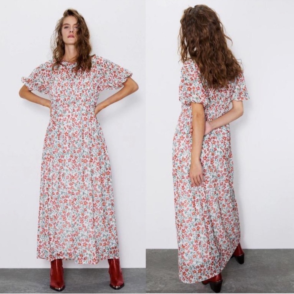 Zara Floral Babydoll Maxi Dress Puff Sleeves Boho CottageCore Size Small